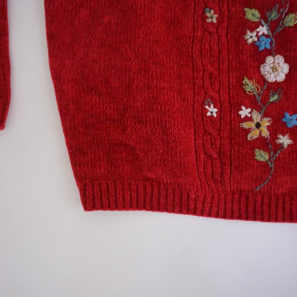 Vintage Alfred Dunner Red Floral Embroidered Chenille Knit Sweater Grandmacore L - Picture 7 of 9